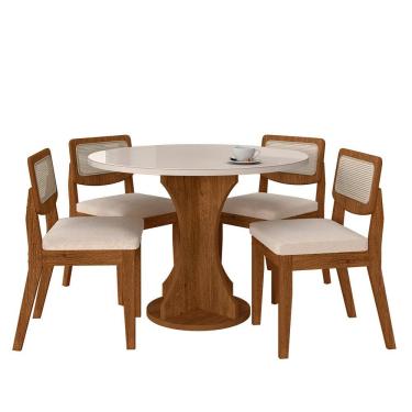 Imagem de Mesa Com 4 Cadeiras Redonda C/vidro Santorini Fre/off/bouclé Off - M.a