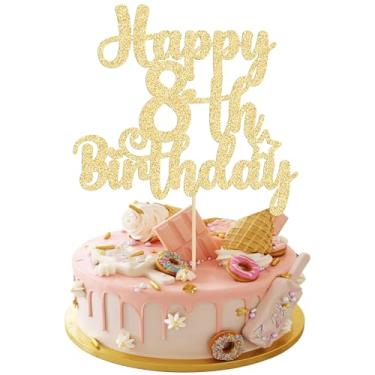 Imagem de Gyufise 1 enfeite de bolo de feliz aniversário de 8 anos - Glitter 8 & Fabulous Cheers to 8 Years Old - Palheta de bolo para celebrar decorações de festa de aniversário, suprimentos dourados