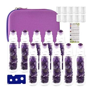 Imagem de Frasco de óleo essencial de 10 ml com estojo de viagem de EVA (garrafa de vidro transparente com tampa prateada, pacote com 10, bolas de rolo de pedras preciosas, lascas de cristal de cura dentro,
