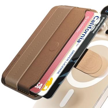 Imagem de Sinjimoru Carteira de telefone com padrão de pente para MagSafe, suporte magnético para cartão de celular de couro vegano e alça de lã como capa para cartão de crédito para iPhone 12 13 14 Plus Pro Max. M-Pull Tab Band marrom