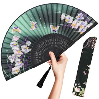 Imagem de OMyTea Leque de mão dobrável para mulheres – Leque de seda de bambu vintage chinês japonês dobrável – para flash, igreja, EDM, festival de música, festa, dança, apresentação, decoração, presente (orquídea verde)