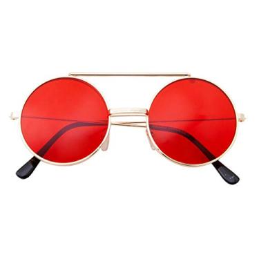 Imagem de grinderPUNCH Óculos de sol vintage Steam Punk redondo flip up para homens e mulheres armação de metal retrô, Armação dourada - lente vermelha, X-Large