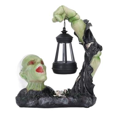 Imagem de Lanterna de Estátua de Caveira de Terror, Resina de Cor Verde Lanterna Movida a Energia Solar Decoração Assustadora Decorações de Halloween Ao Ar Livre para Quintal, Decoração
