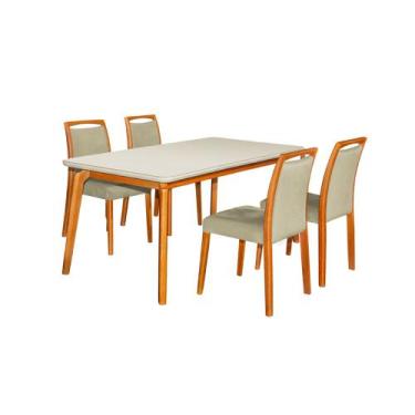 Imagem de Mesa Jantar Luxo Jade 160x90cm Off White com 4 Cadeiras Estofadas Velu
