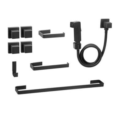 Imagem de Kit de Acessórios para Banheiro Quadrado Preto Completo Luxo - Só Acab