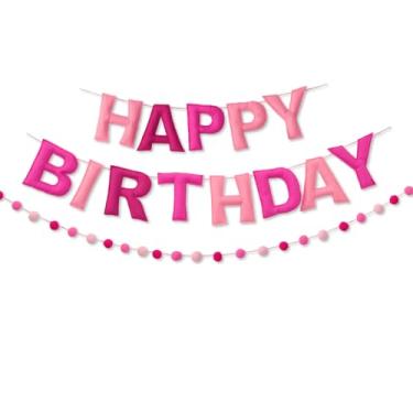Imagem de Faixa rosa feliz aniversário decorações de aniversário guirlanda bola de feltro pré-amarrado sinal de feliz aniversário para decorações de festa de aniversário para mulheres e meninas