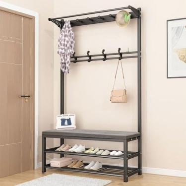 Imagem de Cabideiro, banco de sapato, organizador de armazenamento 3 em 1, árvore de entrada 3 em 1, organizador de suporte industrial com banco de sapatos com prateleira destacável árvore de revestimento fácil