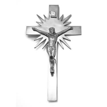 Imagem de Crucifixo Prateado Raio de Sol, Cromado para Jazigo, 30 cm. Acabamento Finamente Elegante, Decoração para Túmulo, Lápide em Cemitério
