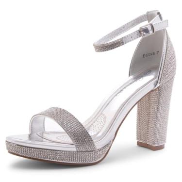 Imagem de Shoe Land ENLOVE Sandália feminina com bico aberto e tira no tornozelo salto alto bloco grosso sapato plataforma para festa noturna, Prata 2020, 10
