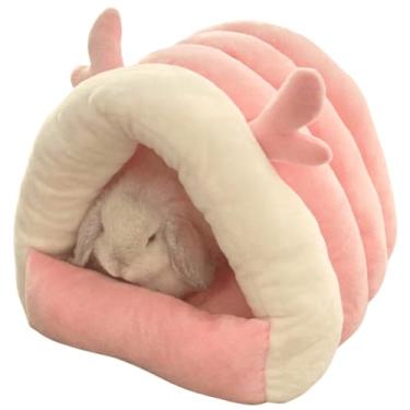 Imagem de Cama de coelho quente para coelhos, gaiola ao ar livre, cabana, barraca, túnel de caverna, casa fofa, algodão, lavável, inverno (rosa, pequena)