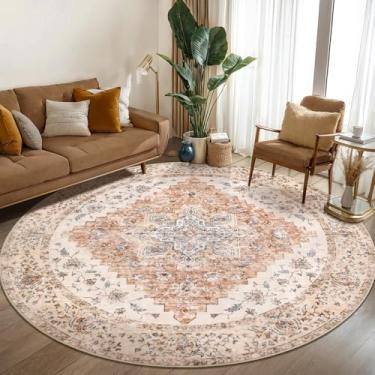Imagem de Ciicool Boho Tapete de área lavável 1,8 x 1,8 m redondo tapete de quarto antiderrapante oriental tapete de piso de pelo baixo para sala de jantar sala de estar (creme/tijolo vintage)