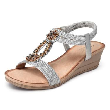 Imagem de SHIBEVER Sandálias de cunha para mulheres 2025: sandálias femininas confortáveis de bico aberto com tira no tornozelo elegantes verão praia caminhada plataforma baixa sapatos, Prata 2782, 38