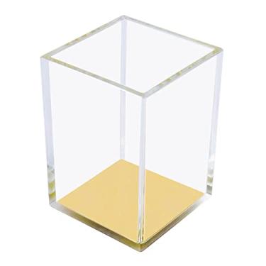 Imagem de MEI YI TIAN Porta-lápis de acrílico transparente com fundo de ouro amarelo, acessórios de mesa, porta-pincéis de maquiagem, design moderno, organizador de mesa para armazenamento de acessórios de mesa