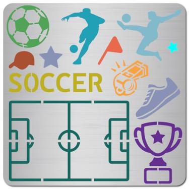 Imagem de GORGECRAFT Estêncil de metal de futebol bola esportiva troféu de futebol atleta modelo de desenho reutilizável de aço inoxidável para pintura, pirografia, gravação, queima de madeira, gravação em
