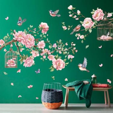 Imagem de Adesivos de parede grandes removíveis de peônia em aquarela - Decalques de parede florais DIY com pássaros e gaiola, descasque e cole flores ramo de árvore decoração de berçário para quarto de meninas