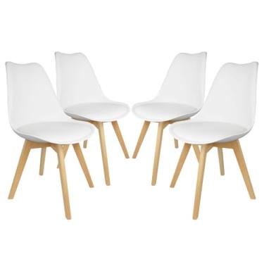 Imagem de Kit com 4 Cadeiras modelo Leda na Cor Branca Com Assento Estofado, Encosto De Polipropileno, Pés De Madeira Natural, Estilo Moderno e Atual ideal para Cozinha, Sala de Jantar, Bar e Varanda Gourmet.