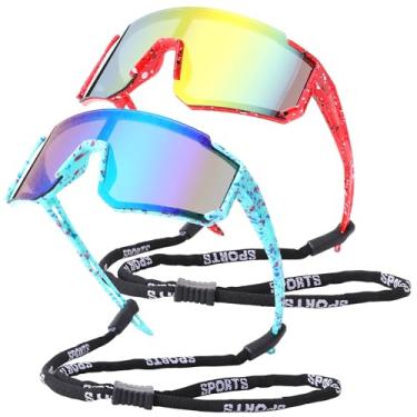 Imagem de LIU·WEN Óculos de sol de beisebol juvenil com alça para meninos e meninas de 4 a 12 anos - Óculos de sol leves para ciclismo infantil, Espelho B1 vermelho/laranja + espelho verde/verde, M