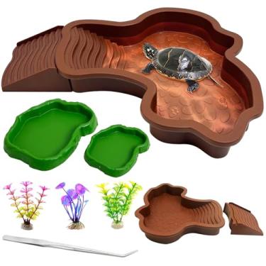 Imagem de Apatal Réptil, piscina, 2 em 1, prato de água de tartaruga com rampa, tigela grande de alimentação de tartaruga com degraus, 7 peças, acessórios de decoração de habitat de lagartixa, banheira, lagarto