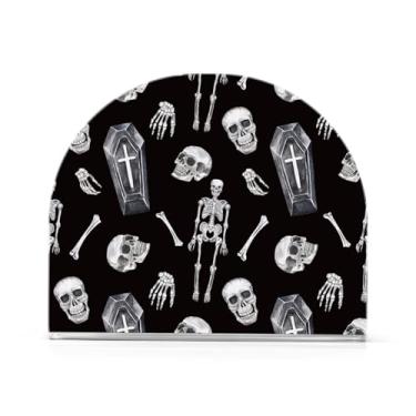 Imagem de YNNALE Caixão de esqueleto de caveira gótica suporte de guardanapo preto para mesa porta-guardanapos de coquetel acrílico dispensador de lenços decorativo suporte de guardanapo vertical para decoração