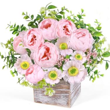 Imagem de Arranjo de flores artificiais, peônias de flores falsas rústicas em vaso de madeira em vaso de mesa para decoração de casa - rosa pálido