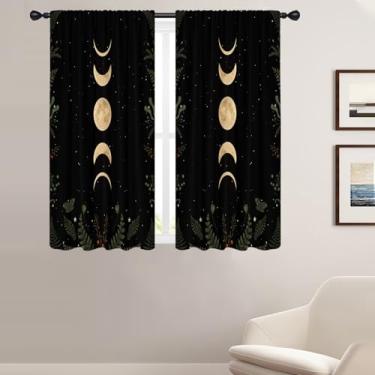 Imagem de Coxila Cortinas de janela lunar para quarto de 106 x 153 cm, boho, bruxa, gótico, celestial, natural, retrô, enluar, preto, folhas escuras, fase floral, sala de estar, tratamento, conjunto de 2