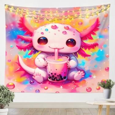 Imagem de Erosebridal Tapeçaria infantil axolote rosa bonito desenho animado oceano animal grande 59x82 tapeçaria sobremesa leite chá tapeçaria para meninas adolescentes, arco-íris tie dye vida selvagem