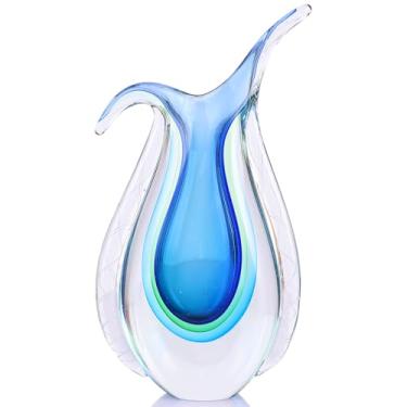 Imagem de GrivSheen Vaso de vidro soprado à mão para peça central, decoração de mesa estilo murano, vaso de flores de elipse de vidro soprado azul, haste única linda decoração para casa, decoração de quarto de