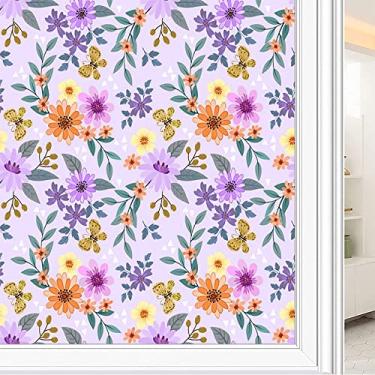 Imagem de Película de janela de privacidade de flores, textura de estilo floral, filme de vidro para sala de estar e escritório em casa, L90 x C 190 cm