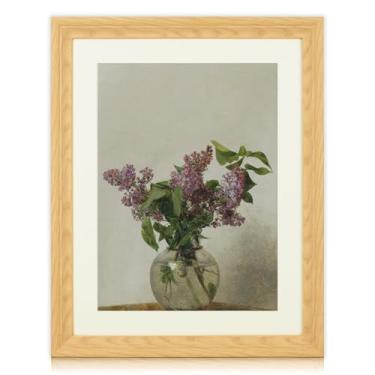 Imagem de Brivoria Arte de parede em tela de flor lilás emoldurada 40 x 50 cm impressão botânica com placa de tapete e moldura de madeira sintética para quarto sala de estar corredor decoração de parede de casa