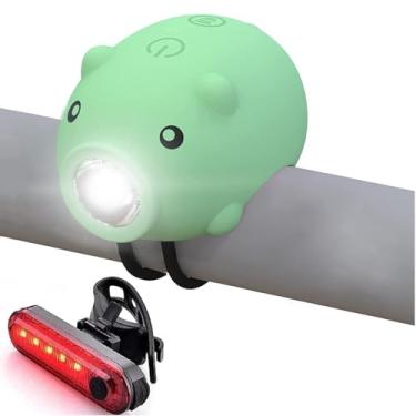 Imagem de AaiLucky Luzes de bicicleta infantis para andar à noite, buzina de bicicleta e luz 2 em 1, conjunto de farol e lanterna traseira recarregável para meninos e adultos, 3 modos de iluminação, acessórios
