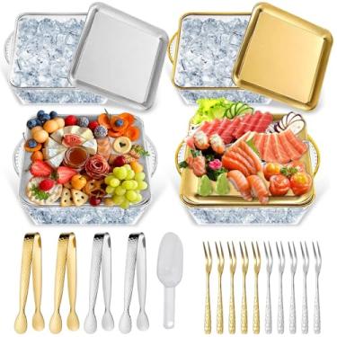 Imagem de VirgoCCY Conjunto de 4 bandejas e travessas geladas premium para festas com compartimentos gelados, bandeja de servir gelo com garfos para frutas, frutos do mar, vegetais, coquetéis - mantém a comida