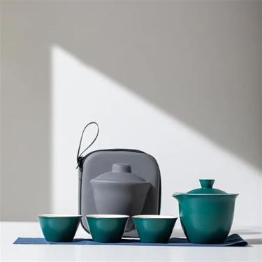 Imagem de Conjunto de chá chinês portátil - Bule de cerâmica para viagem com 4 peças, 3 xícaras e bolsa de transporte | Kit compacto de chá Gongfu para camping/escritório, verde