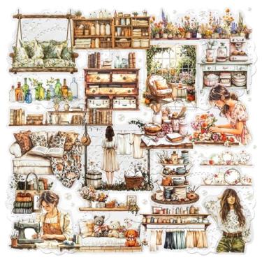 Imagem de 3 Pacote adesivos vintage para scrapbooking, tema de vida diária com móveis, guarda-roupas, cozinha, adesivos florais e verdes para diários, planejadores, artesanato e colagens (Stella)
