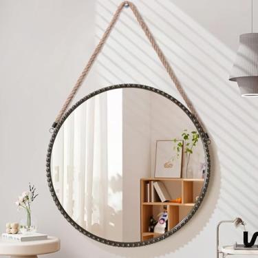 Imagem de Lzuso Espelho suspenso com moldura de metal moderno espelho redondo com corda de contas espelho pendurado decoração de parede espelho grande círculo para banheiro quarto bronze 50,8 cm