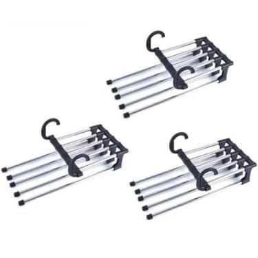 Imagem de Kit 3 Cabide Multifuncional 5 Divisórias Retrátil Inox – Organizador Vertical/Horizontal que Economiza Espaço no Guarda-Roupa – Ideal para Calças, Bermudas, Saias, Gravatas