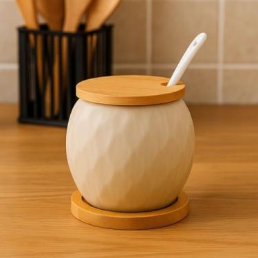 Imagem de Açucareiro de Cerâmica 350ml com Tampa de Bambu e Colher – Ideal para Café da Manhã, Chá e Sobremesas (Fendi)
