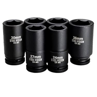 Imagem de Steel Vision Tools Conjunto de soquetes métricos de impacto profundo de 3/4 polegadas, CR-MO, métrico, 6 pontos, 24 mm a 36 mm, design de canto de raio, conjunto de soquetes de impacto pesado Dr. de