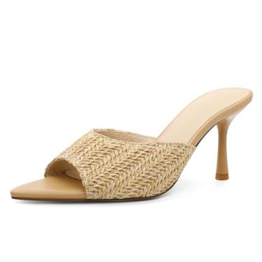 Imagem de Soireelady Sandália feminina salto mula, bico fino, bico aberto, salto alto, salto alto, sem cadarço, sapato social de 8,5 cm, Ráfia natural, 38