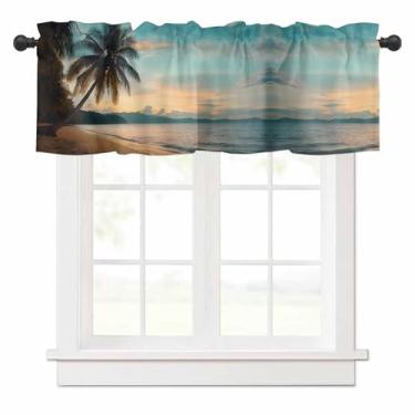 Imagem de Cortina de verão para janelas de cozinha, palmeiras, praia, paisagem, pôr do sol, janela, tratamento de varão, sanefas para quarto/sala de estar/banheiro, 152 x 45 cm