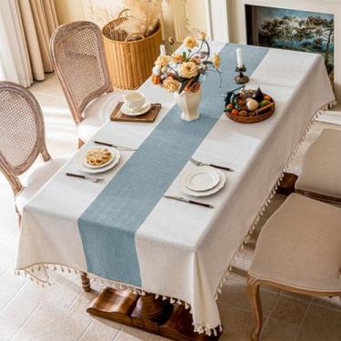 Imagem de KAIJIE Toalha de mesa de jantar minimalista moderna com estampa listrada, imitação de algodão e linho, toalha de mesa de chá para decoração de festa, piquenique, jantar, 100 x 160 cm, azul D