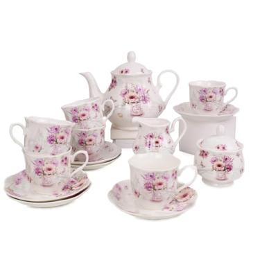 Imagem de Guangyang Conjunto de chá 15 peças de porcelana cerâmica café chá conjuntos de presente xícara e pires serviço para 6 bule de chá, açucareiro, jarro cremoso