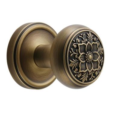 Imagem de FLIRABBIT Maçaneta de porta de latão antigo com design floral intrincado – puxadores de passagem elegantes e duráveis para portas internas, visual vintage clássico para decoração de casa ou escritório