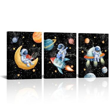Imagem de iLOOKLiKE 3 painéis de arte de parede espaço sideral astronauta tocar guitarra violino flauta imagem engraçada universo músico tema pintura em tela para meninos meninas crianças quarto berçário