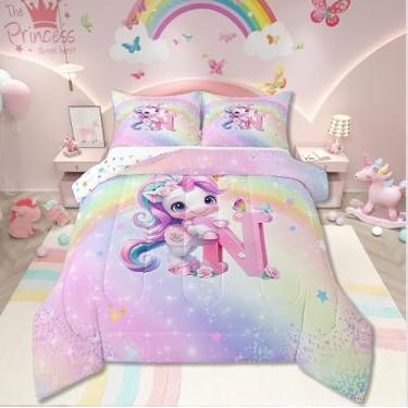 Imagem de Jogo de cama solteiro de unicórnio, arco-íris, unicórnio, para todas as estações, com 2 fronhas, macio para decoração de quarto de meninos e meninas, edredom com glitter gradiente com monograma do