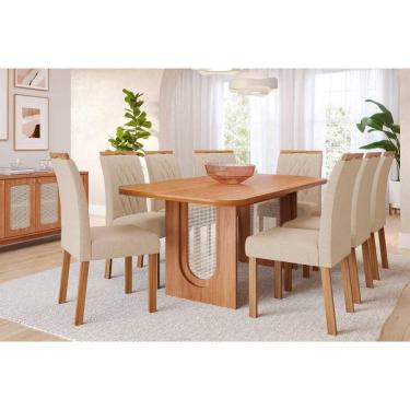 Imagem de Conjunto: Mesa Sala Jantar Valentina Tampo Madeirado 210x100cm e 8 Cadeiras Juliana Cinamomo - Carvalho/Suede Nude Bege - Cimol