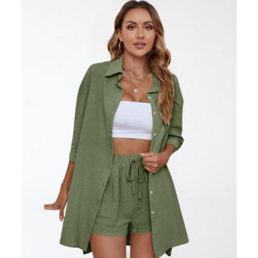 Imagem de Conjunto Feminino De Linho Camisa e Shorts - Levsoch, Verde militar, M
