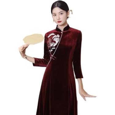 Imagem de Mulheres Manga Curta Cheongsam - Primavera Tamanho Grande Moda Bordado Banquete Festa Cheongsam Estilo Chinês Sexy Fenda Lateral Colarinho Vestido De Veludo, Burgundy, XXL