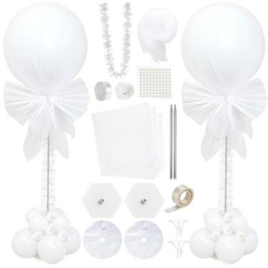Imagem de TaoBary 2 conjuntos de kit de suporte de coluna de balão com 30 balões brancos flor rosa artificial ajustável balão torre suporte véu pérola adesivo fita papel de embrulho para casamento, chá de