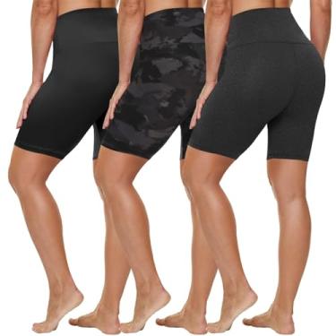 Imagem de HLTPRO Pacote com 3 shorts de motociclista plus size com bolsos para mulheres (P-4GG)- Shorts de cintura alta com controle de barriga de 20,3 cm/12,7 cm para ioga, Preto / cinza mesclado / lasca
