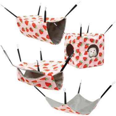 Imagem de Conjunto de 4 peças de rede para hamster, rede suspensa para animais pequenos, cama quente, cama esconderijo lavável, gaiola de dormir macia e aconchegante para porquinho-da-índia, rato, gerbil